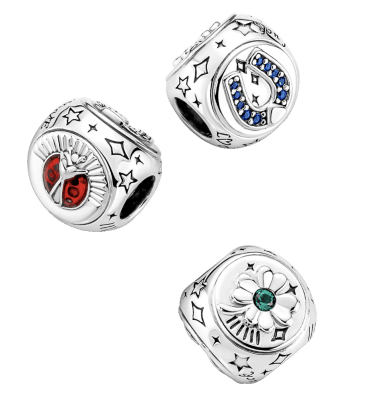Charm Pandora Trebol, chinita y herradura redodo plateado1