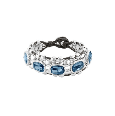 Pulsera Uno de 50 plata con cristales grandes azules y cuero
