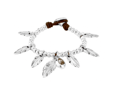 Pulsera Uno de 50 de plata con cuero y plumas1