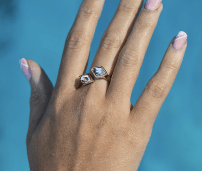 Anillo Uno de 50 doble baño de oro 14k Dos rombos piedra transparente1