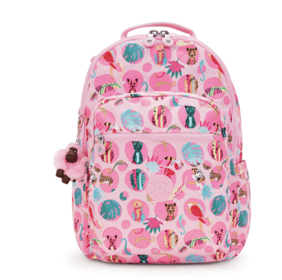 Mochila Kipling Seoul L rosada leopardos1
