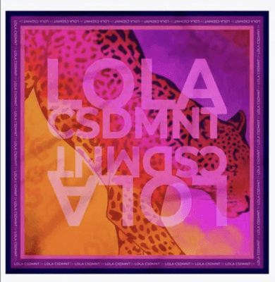 Pañuelo Lola Casademunt Letras LOLA fucsias con leopardo morado, naranjo y fucsia bordes morados1