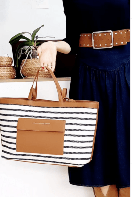 Cartera Lola Casademunt Shopper combinado tejido de rayas y efecto piel marron1