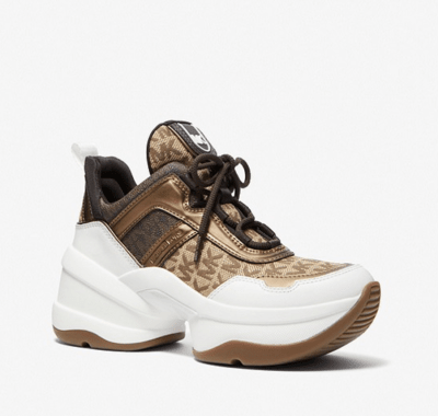 Zapatillas Michael Kors Olympia Monograma cafe con tela beige1