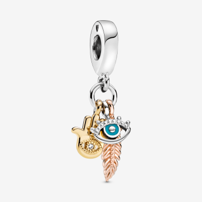 Charm Pandora mano de fatima, pluma y ojo1
