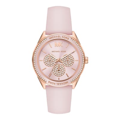 Reloj Mujer Michael Kors correa de silicona rosada fondo rosado
