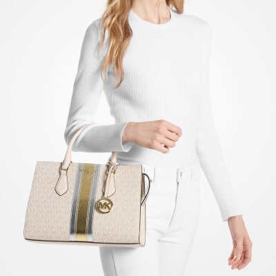 Cartera Michael Kora Tote Sheila Lineas Dorado con Plateado Monograma Vainilla1