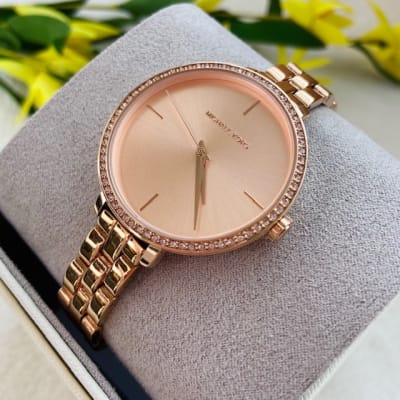 Reloj mujer Michael Kors correa metalica delgada circunferencia circones rose gold