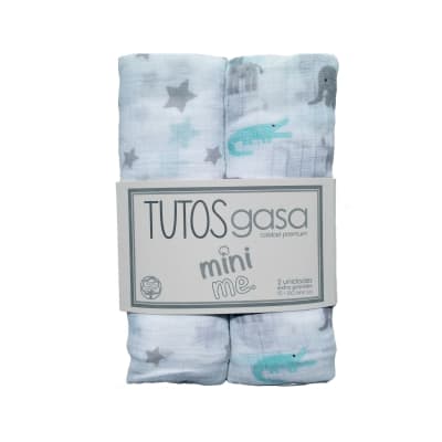 Set 2 tutos muselina Mini me animales gris con verde agua