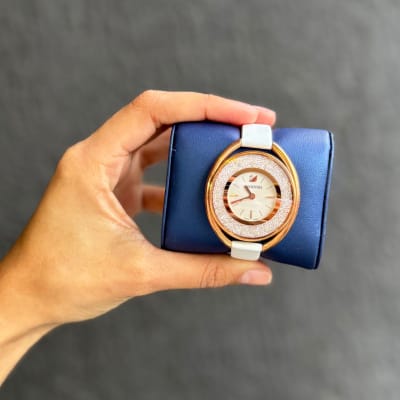 Reloj Swarovski correa cuero blanco ovalo rosegold circones1