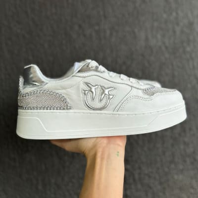 Zapatillas Pinko Chain-Link Detailed Lace - Up Blancas con brillo1