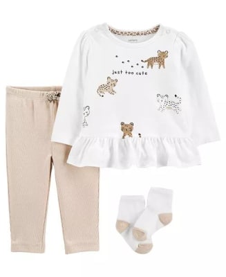Conjunto Carter's 3 piezas pantalon, polera y calcetines leopardo