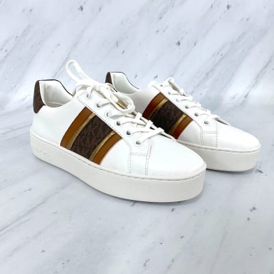 Zapatillas Michael Kors mujer Poppy blancas con cafe al costado1