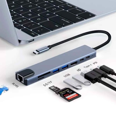Adaptador 8 en 1 USB C a HDMI 4K, Lan RJ45, 2xUSB 3.0, PD, USB C, SD, TF