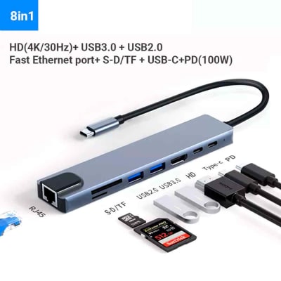Adaptador 8 en 1 USB C a HDMI 4K, Lan RJ45, 2xUSB 3.0, PD, USB C, SD, TF