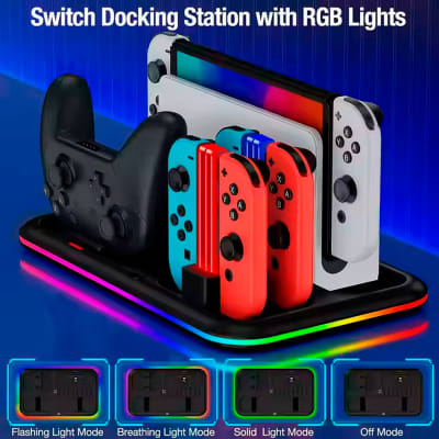 Base 4 en 1 para Nintendo Switch Oled RGB con Cargador de Joycons, Mando, Portajuegos