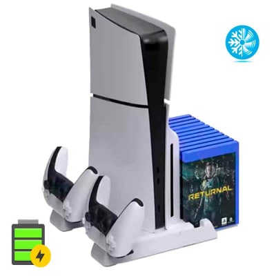 Base 4 en 1 para PS5 Slim y Clásico, Lector y Digital, Ventilador, Cargador Mandos, Portajuegos db