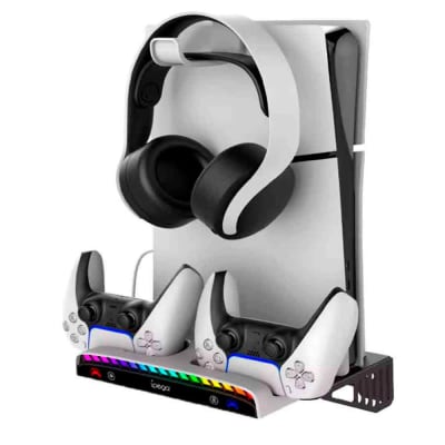Soporte de PS5 Slim, Pro y Clásico para Pared con Cargador de Mandos, Sujetador Audífonos, 3xUSB ip