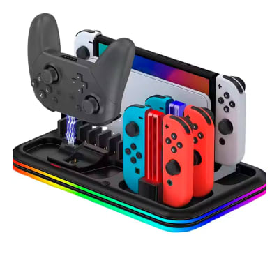 Base 4 en 1 para Nintendo Switch Oled RGB con Cargador de Joycons, Mando, Portajuegos