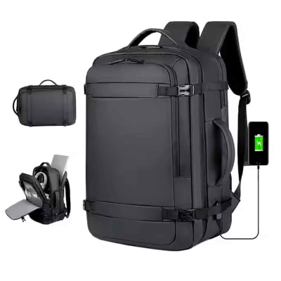 Mochila de Viaje Impermeable 180° Ancho Ajustable Cuero Sintético con Puerto USB Negro Mod. B
