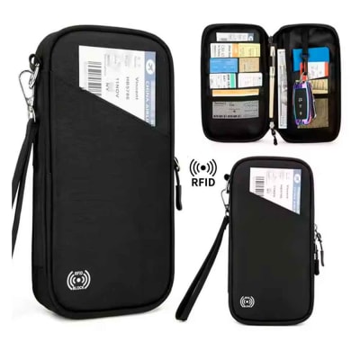 Estuche Organizador Documentos de Viaje RFID con Sujetador Impermeable Negro RD