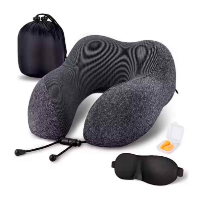Set Almohada de Cuello para Viaje con Antifaz y Tapones de Oídos Gris