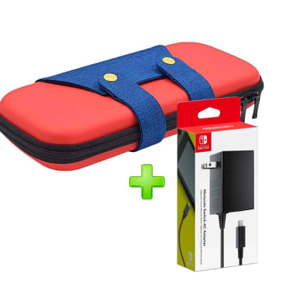 Pack Estuche para Nintendo Switch y Oled Mario Rojo/Azul + Cargador Original