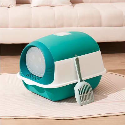 Arenero para Gatos Cerrado Puerta Vaivén con Pala 50x35x36cm Verde/Blanco