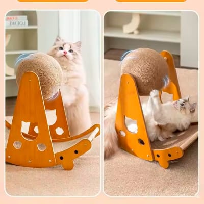 Rascador para Gatos con Pelota Cartón Corrugado y Madera 52x25.6x45.6 cm Mod. B