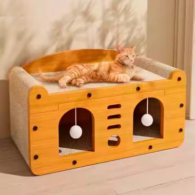 Casa Rascador para Gatos Doble Puerta Cartón y Madera 53x26x30 cm Mod. C