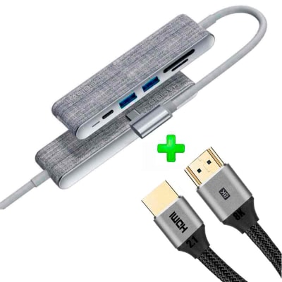 Pack Adaptador USB C a HDMI 4K, 2xUSB3.0, PD + Cable HDMI 2.1