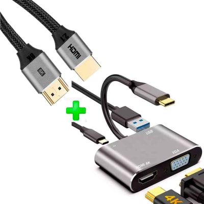 Pack Adaptador 4 en 1 USB C a HDMI 4K, VGA, USB 3.0, PD Carga + Cable HDMI 2.1