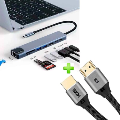 Pack Adaptador 8 en 1 USB C a HDMI 4K, Lan RJ45, 2xUSB 3.0, PD, USB C, SD, TF + Cable HDMI 2.1