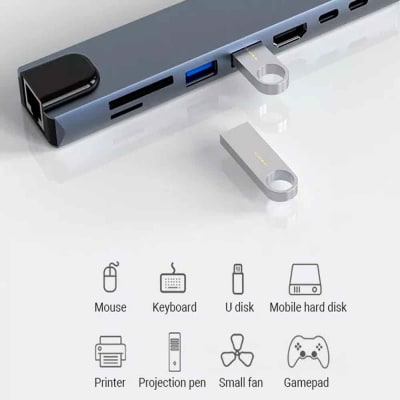 Pack Adaptador 8 en 1 USB C a HDMI 4K, Lan RJ45, 2xUSB 3.0, PD, USB C, SD, TF + Cable HDMI 2.1