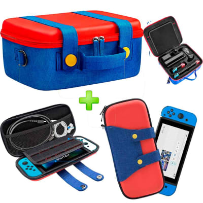 Pack Maleta para Nintendo Switch y Oled Rojo/Azul + Estuche Mario Rojo/Azul