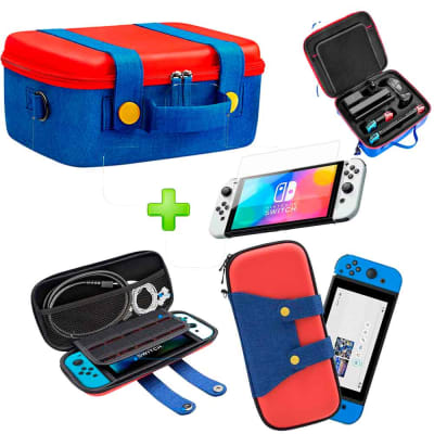 Pack Maleta para Nintendo Switch y Oled Rojo/Azul + Estuche Mario Rojo/Azul + Mica Oled