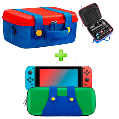 Pack Maleta para Nintendo Switch y Oled Rojo/Azul + Estuche Luigi Verde/Azul