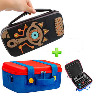 Pack Maleta para Nintendo Switch y Oled Rojo/Azul + Estuche Zelda Marrón