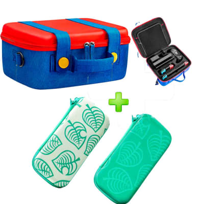 Pack Maleta para Nintendo Switch y Oled Rojo/Azul + Estuche Verde Oscuro/Blanco