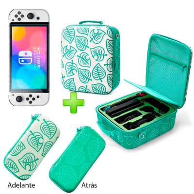 Pack Maleta para Nintendo Switch y Oled Verde Animal Crossing + Estuche Verde Oscuro/Blanco + Mica Oled