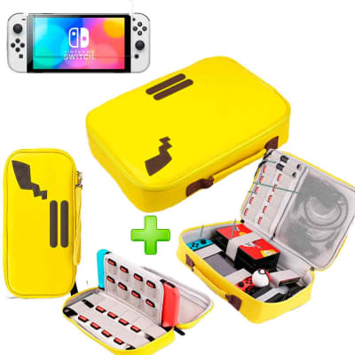 Pack Maleta para Nintendo Switch Oled Pikachu Amarillo + Estuche Amarillo + Mica Oled