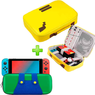 Pack Maleta para Nintendo Switch y Oled Pikachu Amarillo + Estuche Luigi Verde/Azul