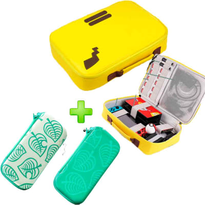 Pack Maleta para Nintendo Switch y Oled Pikachu Amarillo + Estuche Verde Oscuro/Blanco