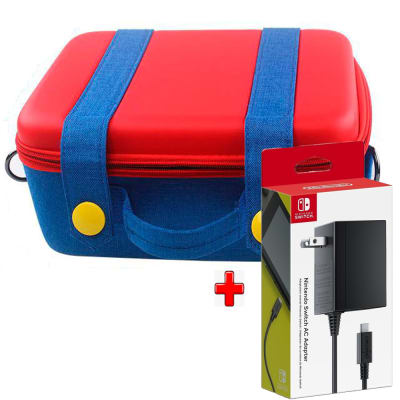 Pack Maleta para Nintendo Switch y Oled Grande Rojo con Azul + Cargador Original