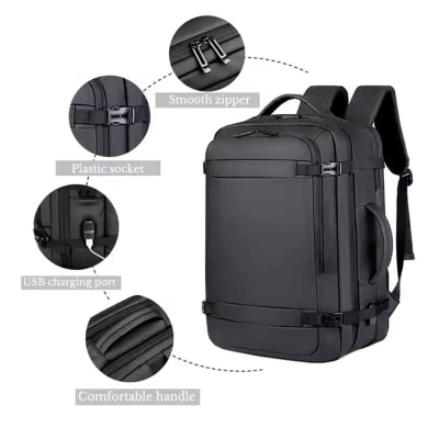 Mochila de Viaje Impermeable 180° Ancho Ajustable Cuero Sintético con Puerto USB Negro Mod. B