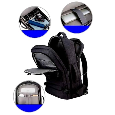 Mochila de Viaje Impermeable Ancho Ajustable Poliéster con Puerto USB Negro Mod. C