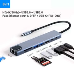 Adaptador 8 en 1 USB C a HDMI 4K, Lan RJ45, 2xUSB 3.0, PD, USB C, SD, TF