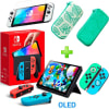 Pack Consola Nintendo Switch OLED Neón + Estuche Verde OscuroBlanco + Mica + Funda Joycons Animal C1