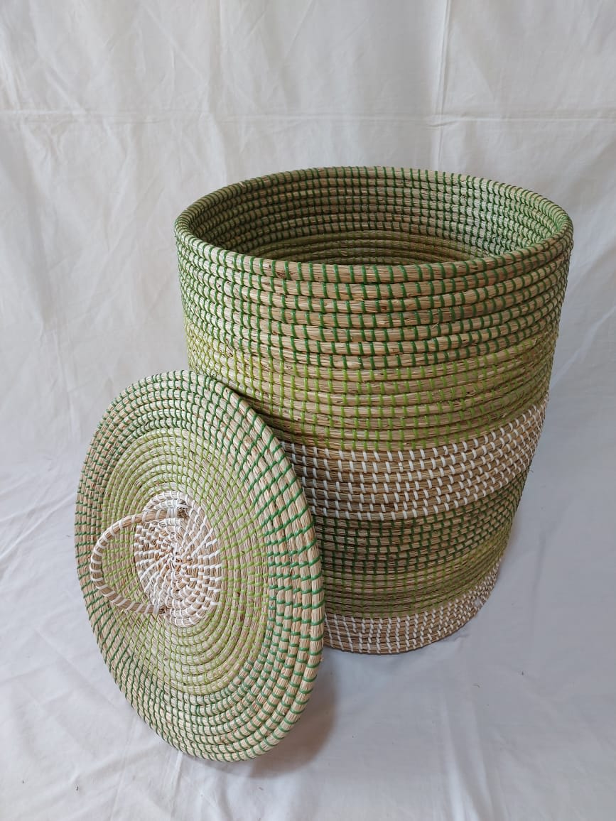Canasto Barril Fibra Verde Tapa L | La Batea Deco