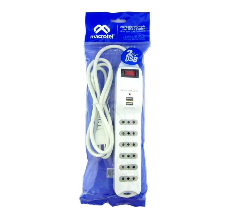 Alargador Electrico 1,5M 6 Entradas + 2 USB Con Switch, Macrotel3